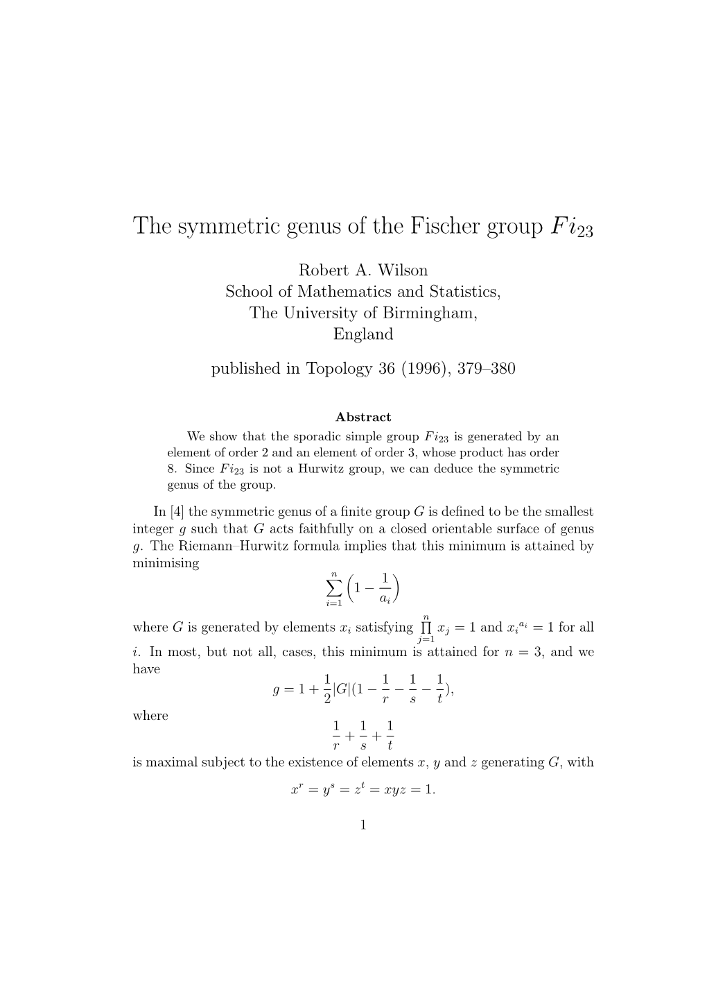 The Symmetric Genus of the Fischer Group Fi23