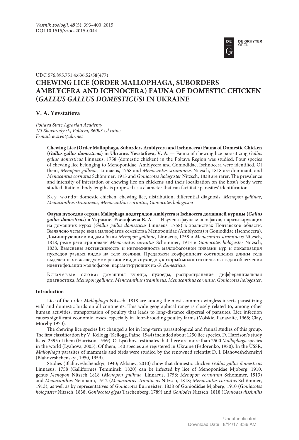 Chewing Lice (Order Mallophaga, Suborders Amblycera and Ichnocera) Fauna of Domestic Chicken (Gallus Gallus Domesticus) in Ukraine