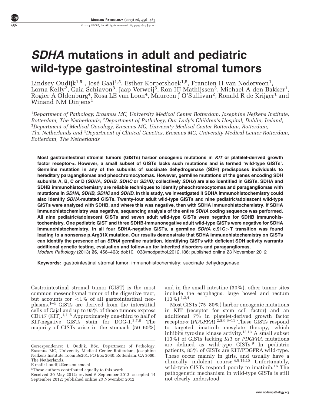 SDHA Mutations in Adult and Pediatric Wild-Type Gastrointestinal Stromal