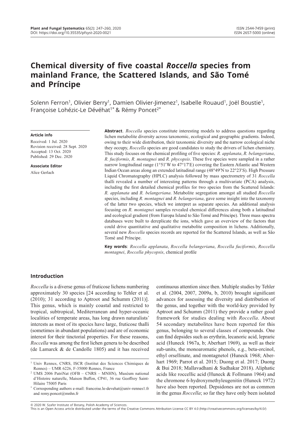 Chemical Diversity of Five Coastal Roccella Species from Mainland France, the Scattered Islands, and São Tomé and Príncipe