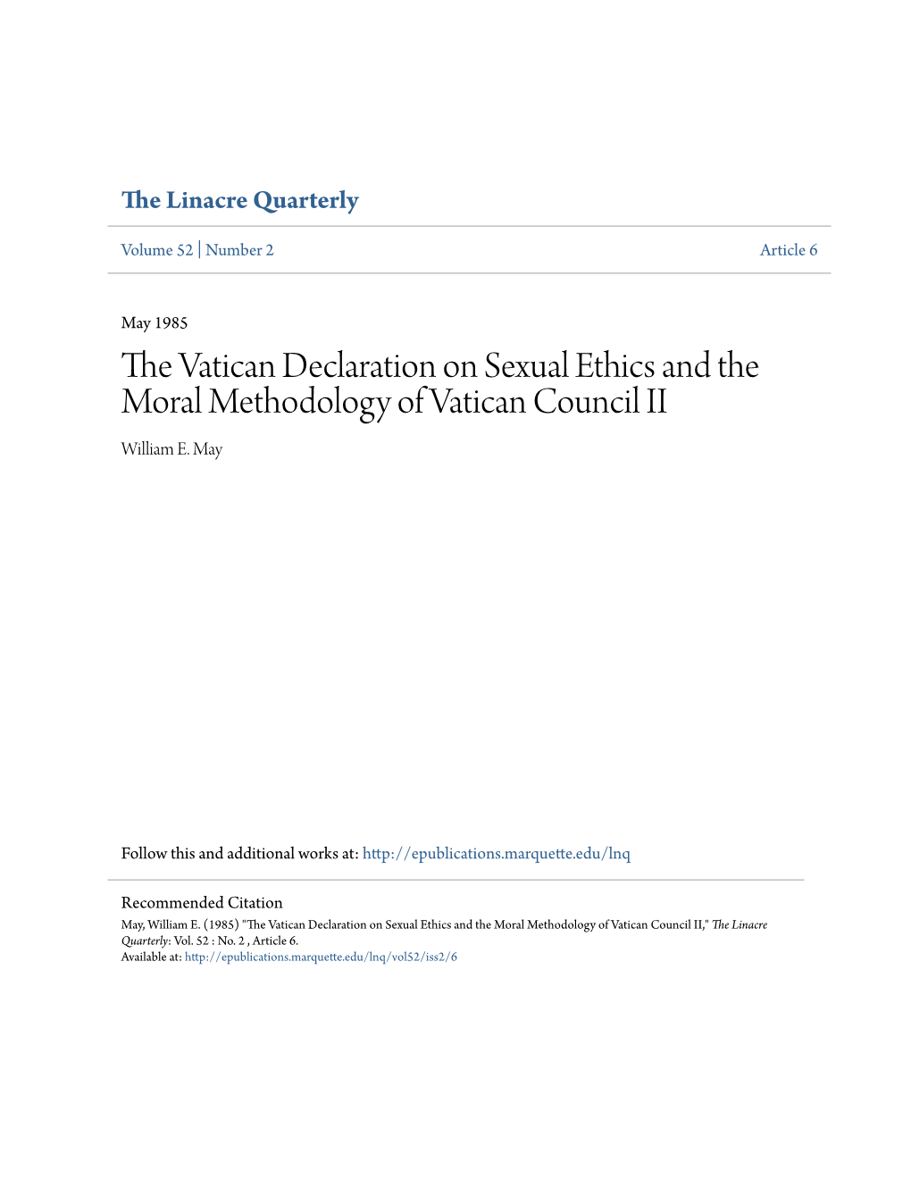 The Vatican Declaration on Sexual Ethics and the Moral Methodology