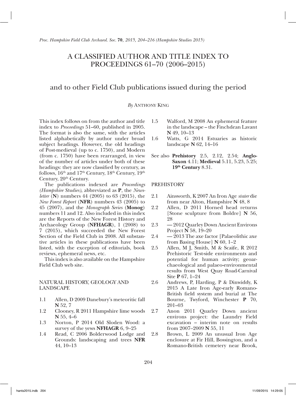 A Classified Author and Title Index to Proceedings 61–70 (2006–2015)