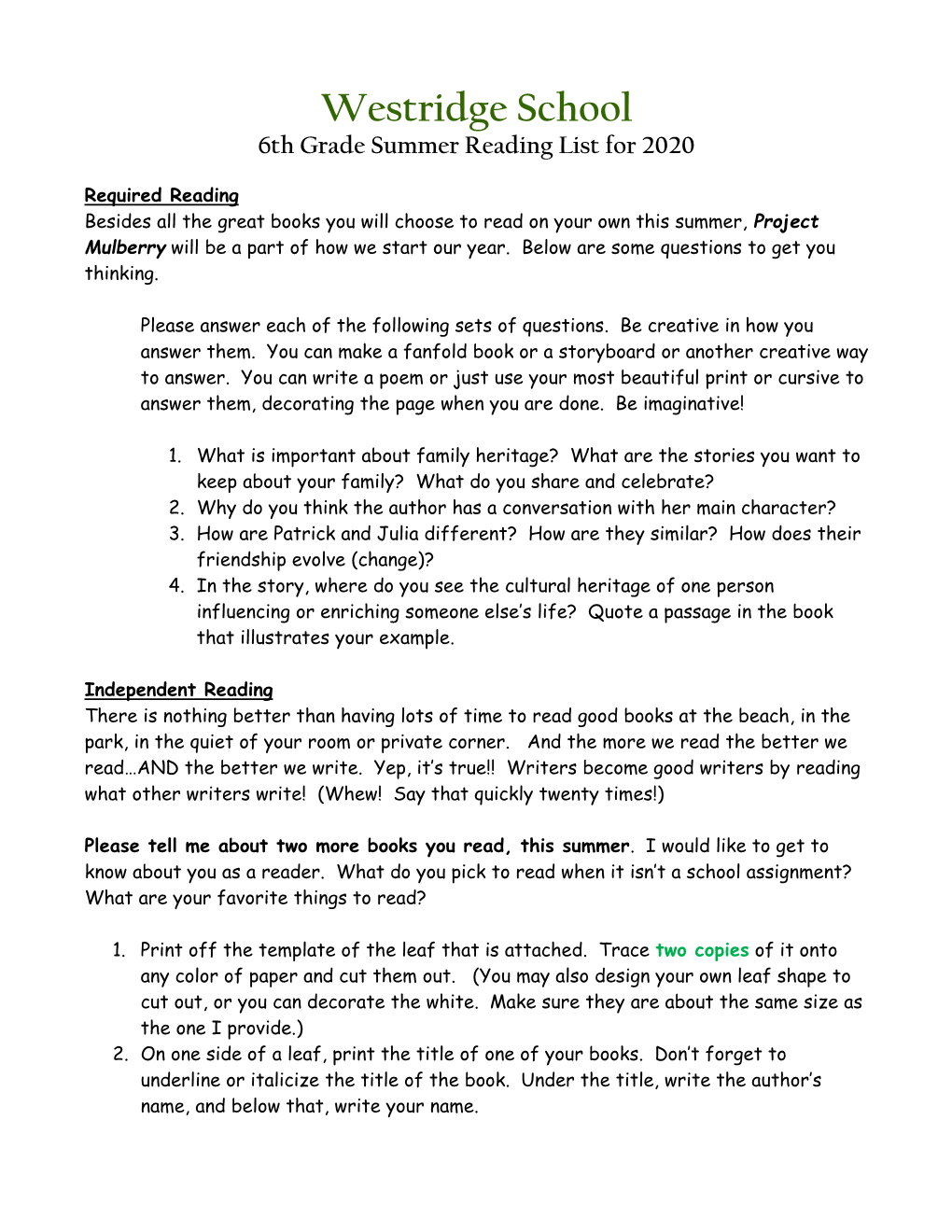 Westridge School 6Th Grade Summer Reading List for 2020