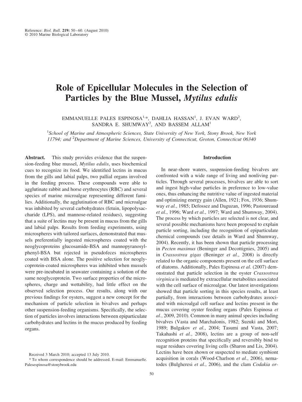 Role of Epicellular Molecules in the Selection of Particles by the Blue Mussel, Mytilus Edulis