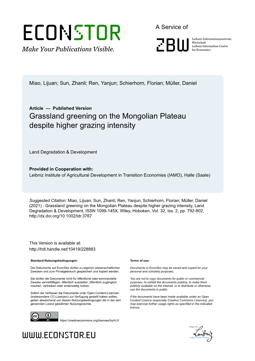 Grassland Greening on the Mongolian Plateau Despite Higher Grazing Intensity