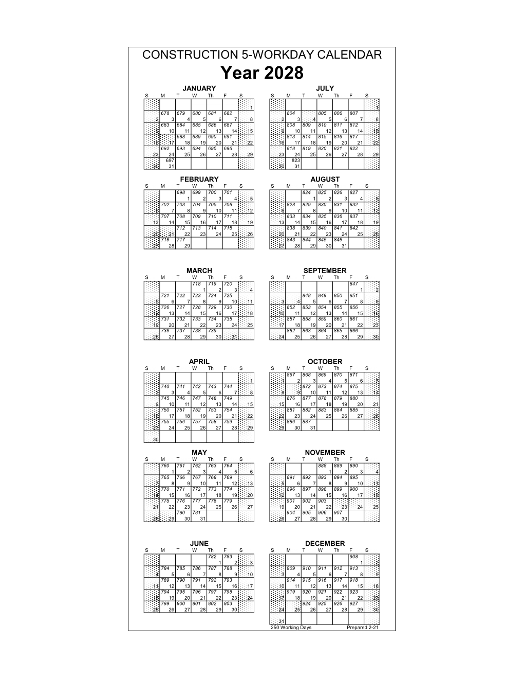 Caltrans Construction 5-Workday Calendar 2028