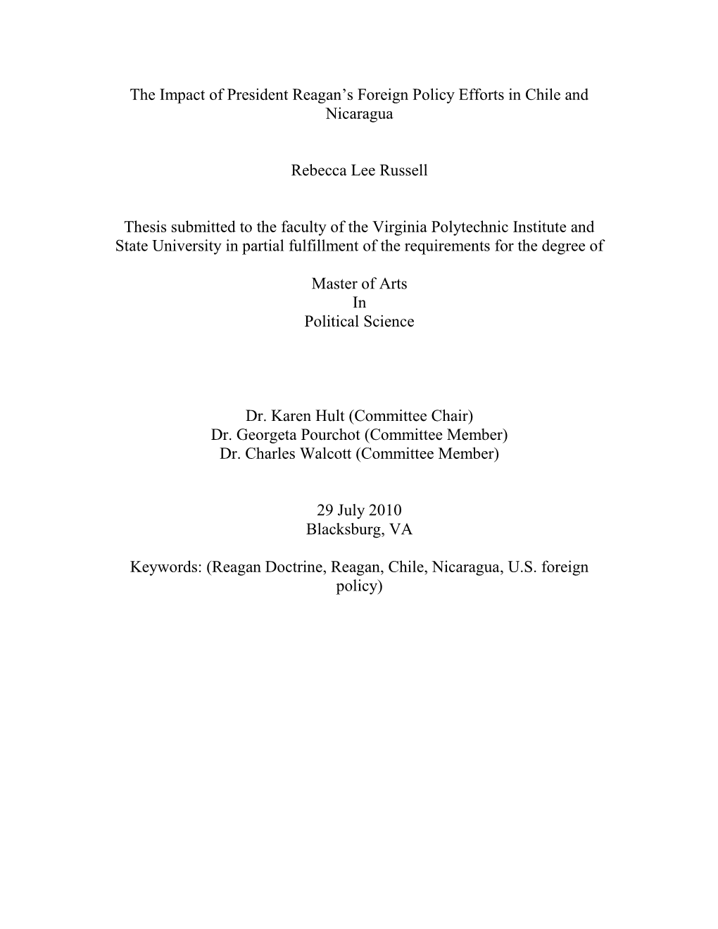 The Impact of President Reagan's Foreign Policy Efforts in Chile And