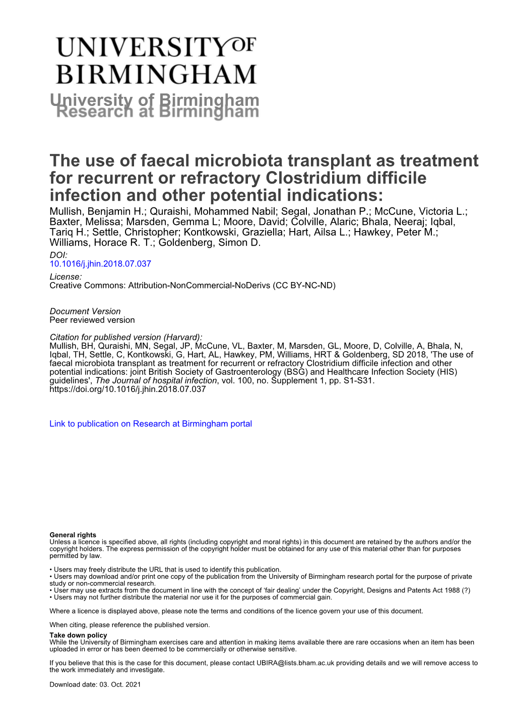 University of Birmingham the Use of Faecal Microbiota Transplant As