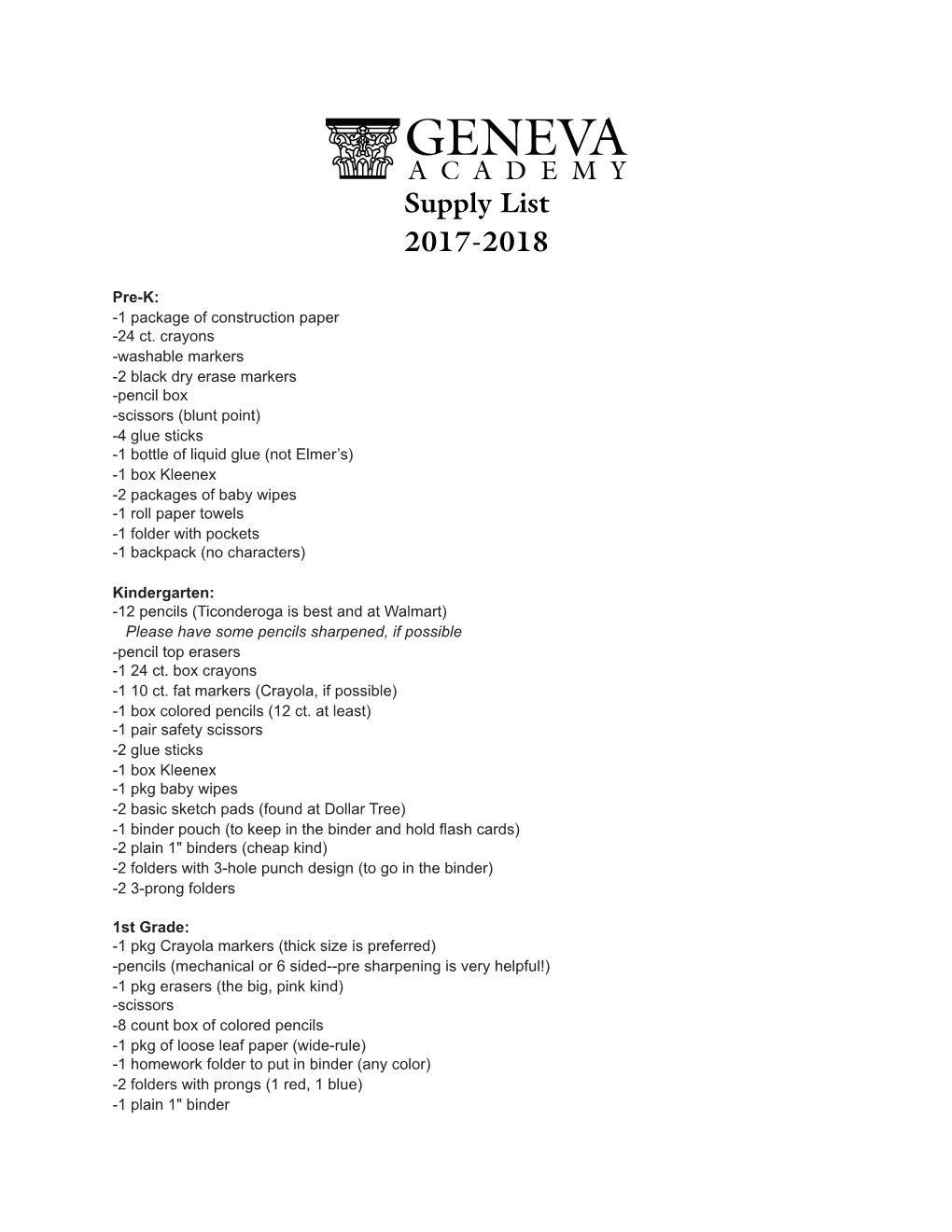 Supply List 2017-18