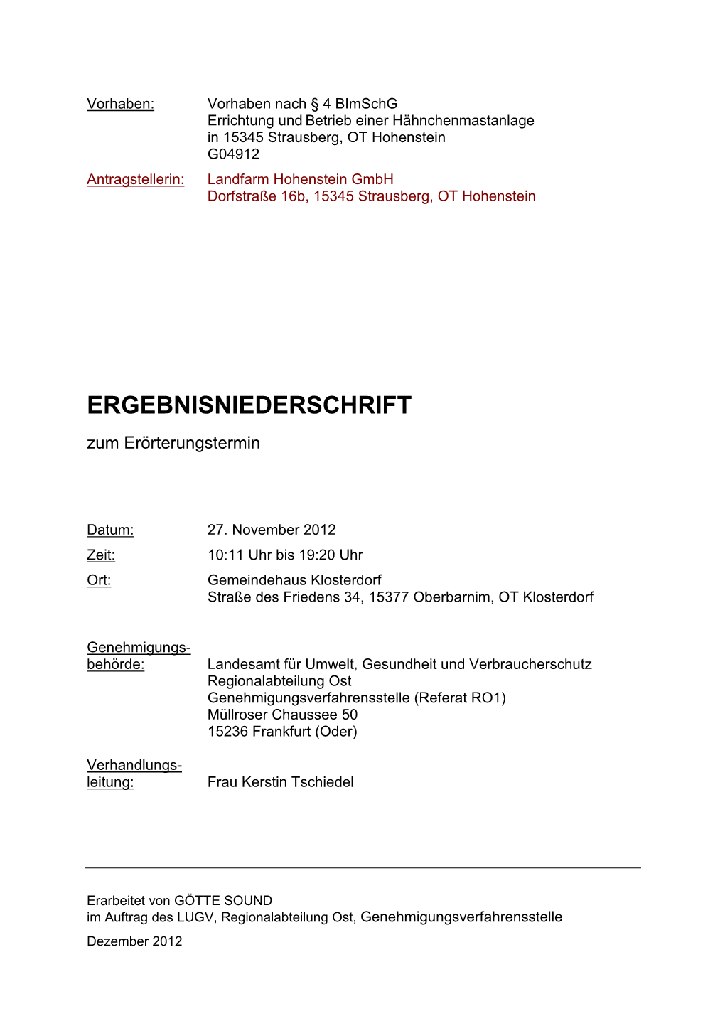 ERGEBNISNIEDERSCHRIFT Zum Erörterungstermin