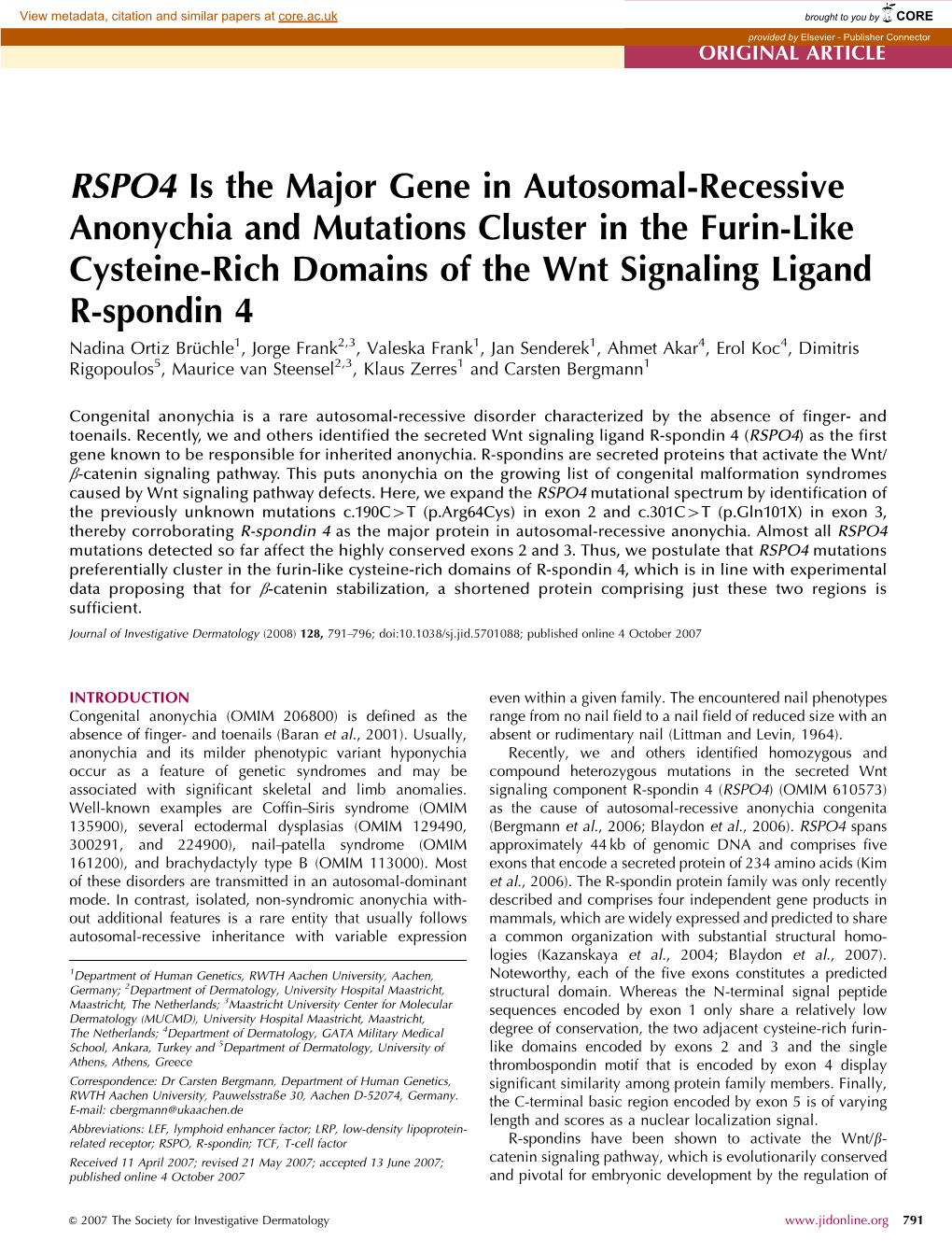 RSPO4 Is the Major Gene in Autosomal-Recessive Anonychia