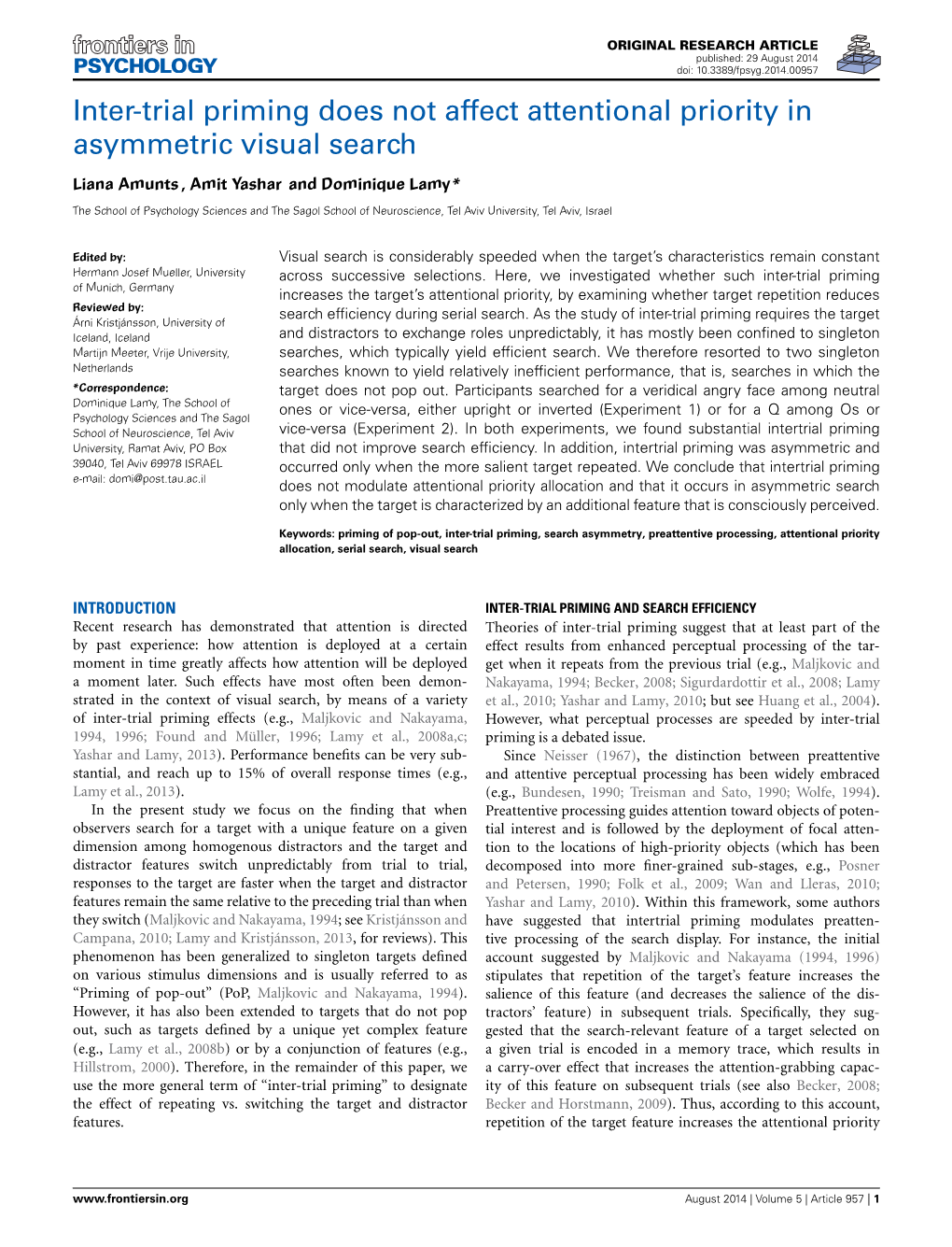 Inter-Trial Priming Does Not Affect Attentional Priority in Asymmetric Visual Search