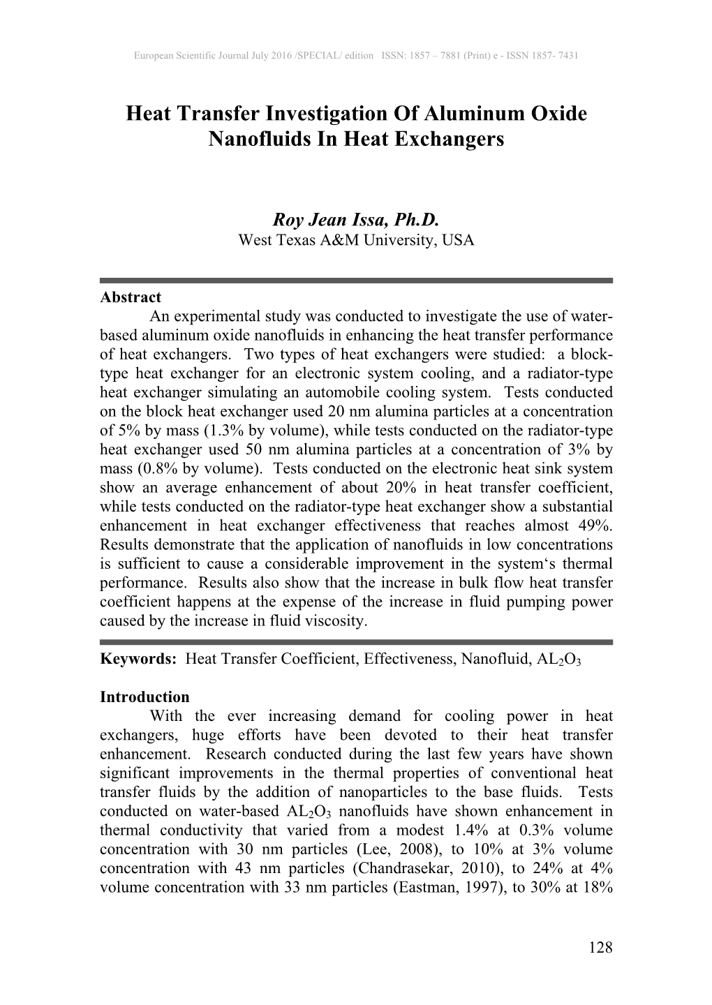 Heat Transfer Investigation of Aluminum Oxide Nanofluids in Heat Exchangers