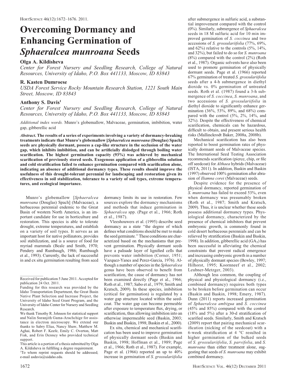 Overcoming Dormancy and Enhancing Germination of Sphaeralcea Munroana Seeds