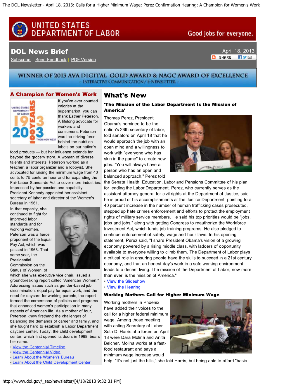 The DOL Newsletter - April 18, 2013: Calls for a Higher Minimum Wage; Perez Confirmation Hearing; a Champion for Women's Work