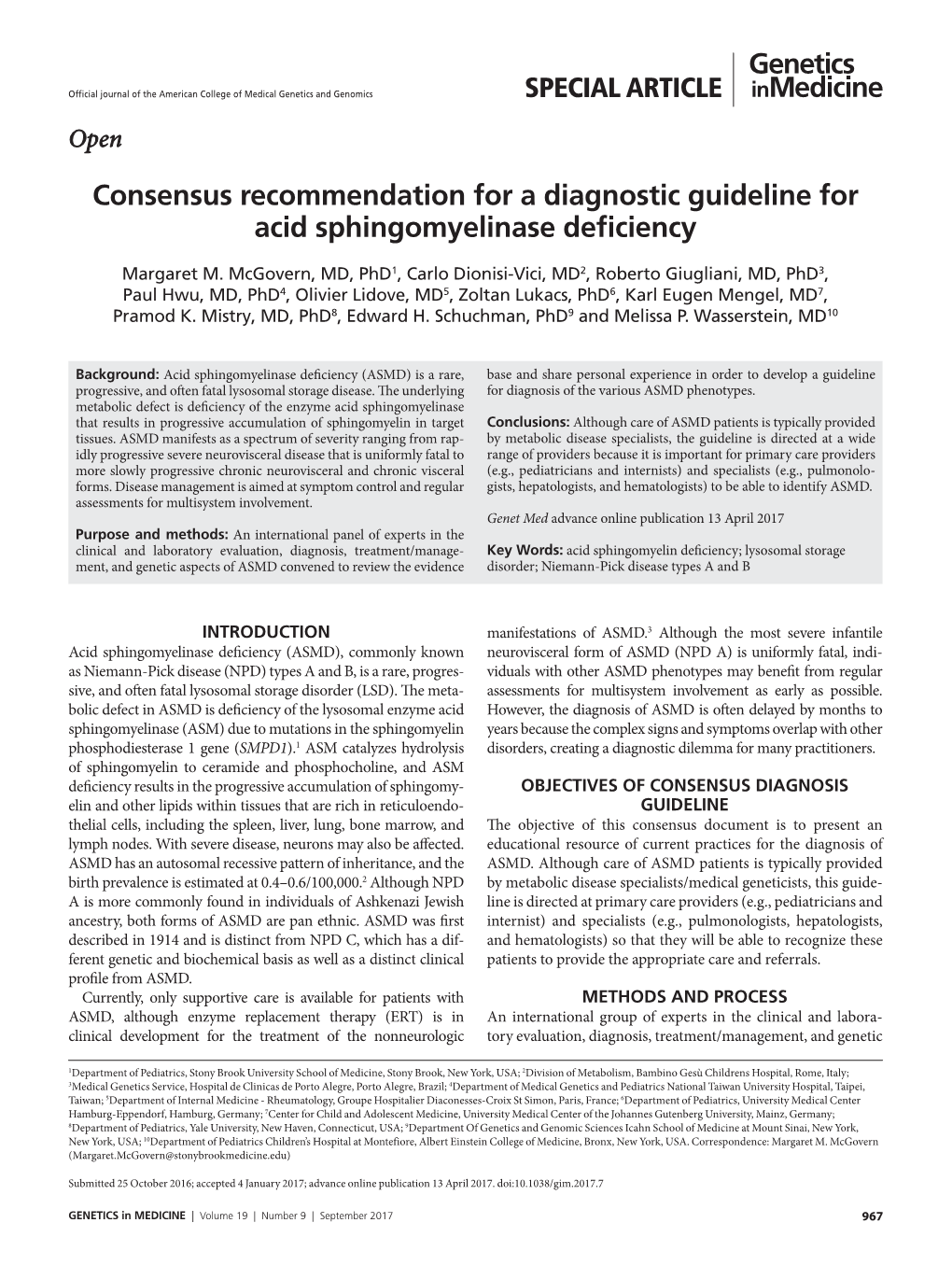 Consensus Recommendation for a Diagnostic Guideline for Acid Sphingomyelinase Deficiency