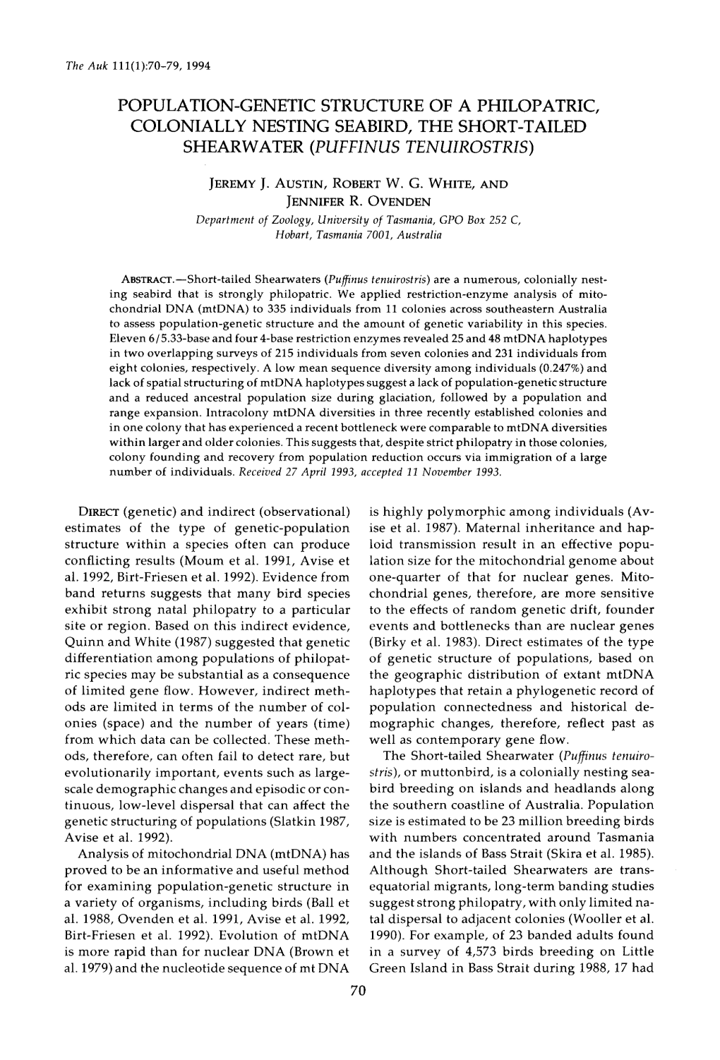 Population-Genetic Structure of a Philopatric, Colonially Nesting Seabird, the Short-Tailed Shearwater (Puffinus Tenuirostris)