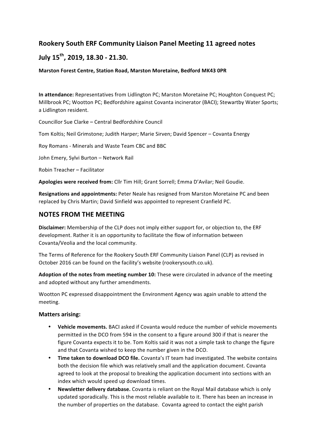 Rookery South ERF Community Liaison Panel Meeting 11 Agreed Notes July 15Th, 2019, 18.30 - 21.30