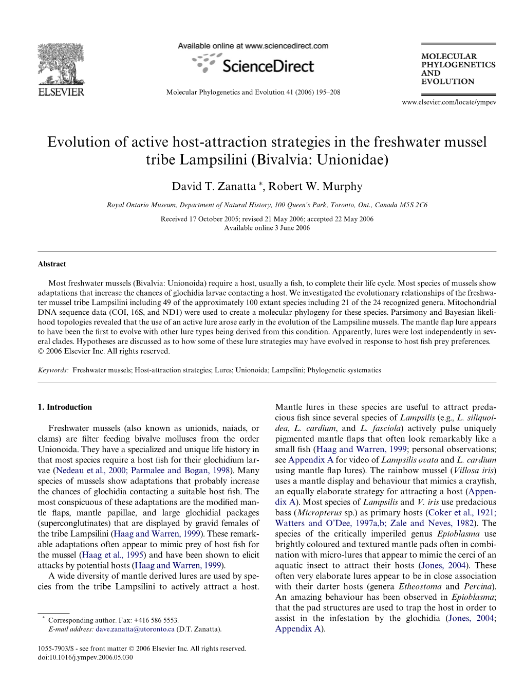 Evolution of Active Host-Attraction Strategies in the Freshwater Mussel Tribe Lampsilini (Bivalvia: Unionidae)