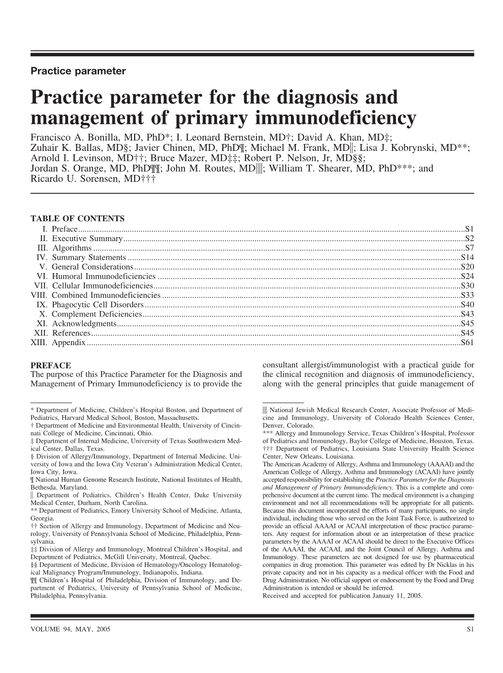 Practice Parameter for the Diagnosis and Management of Primary Immunodeficiency Francisco A