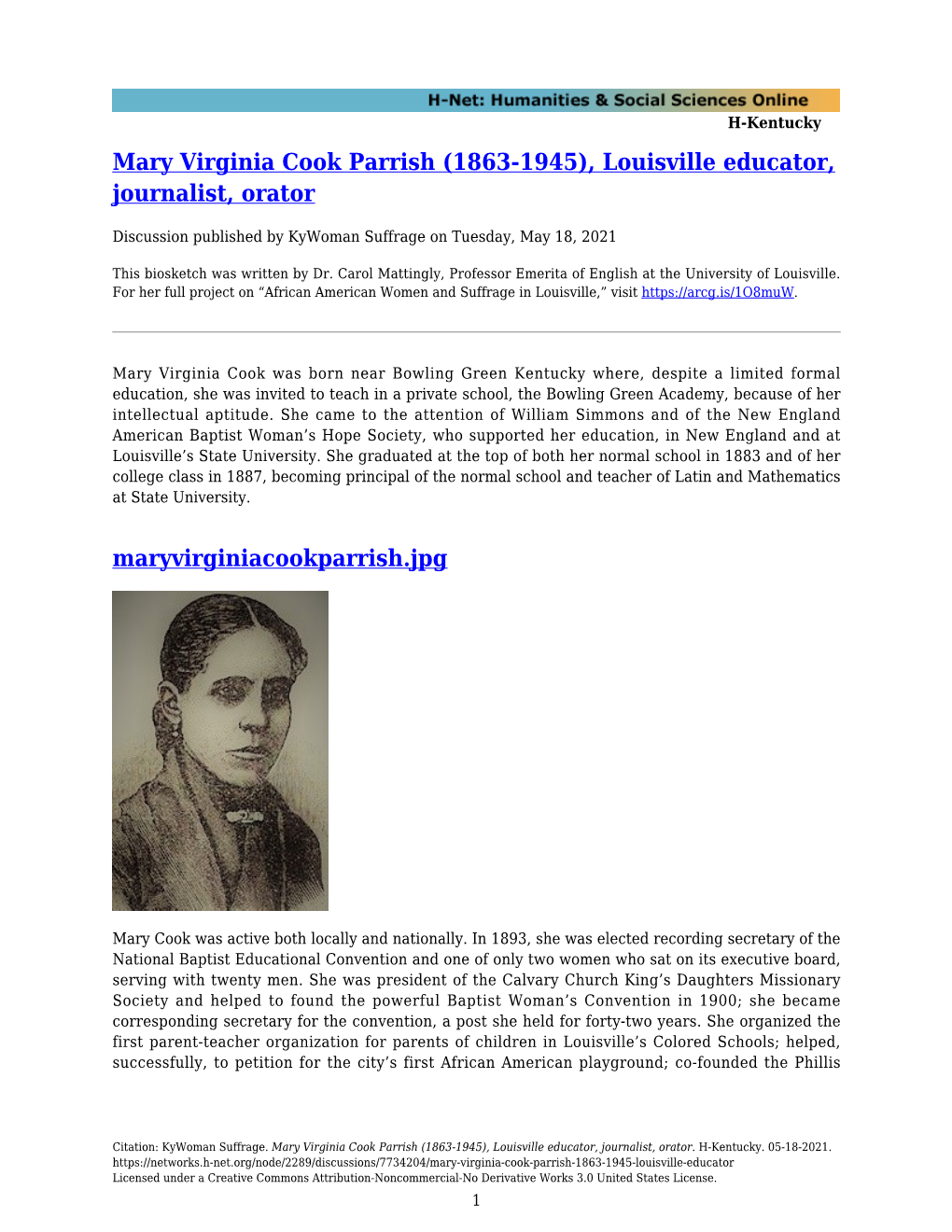 Mary Virginia Cook Parrish (1863-1945), Louisville Educator, Journalist, Orator