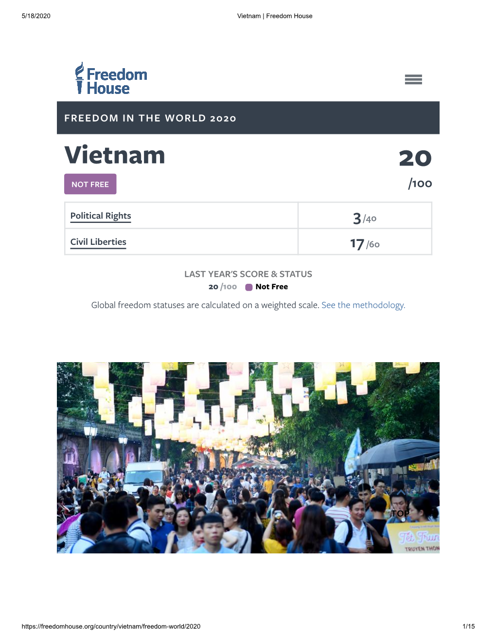 FREEDOM in the WORLD 2020 Vietnam 20 NOT FREE /100