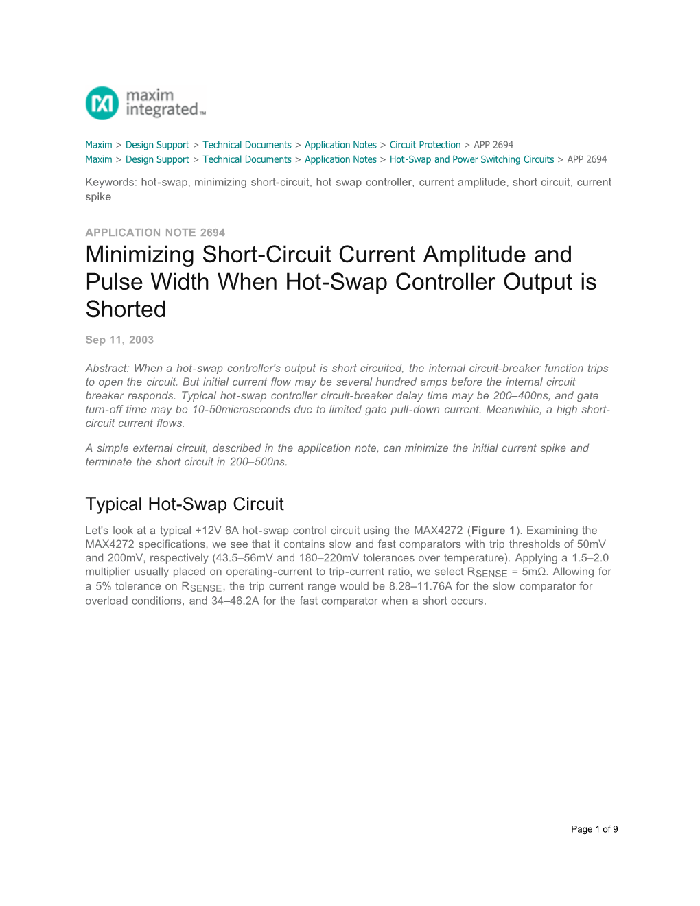 Minimizing Short-Circuit Current Amplitude and Pulse Width When Hot-Swap Controller Output Is Shorted