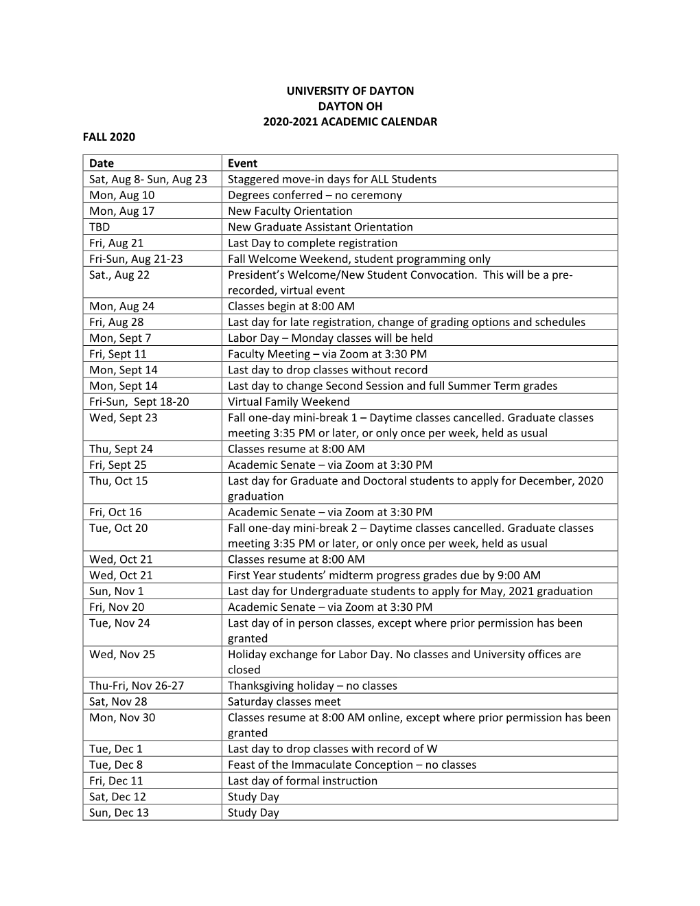 2020-2021 Academic Calendar Fall 2020