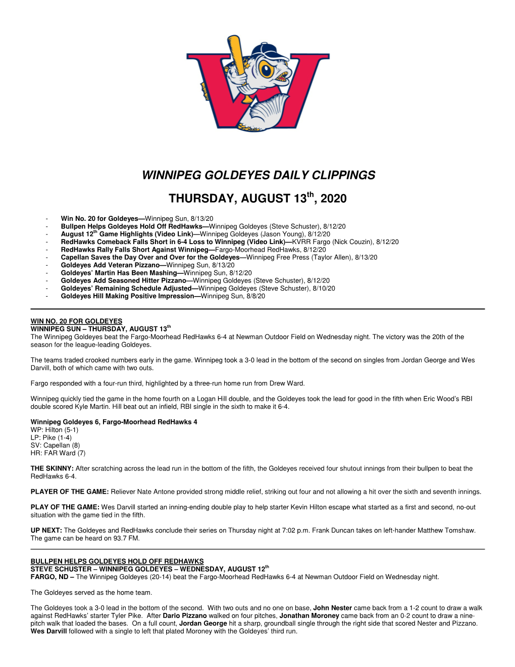 Winnipeg Goldeyes Daily Clippings Thursday, August