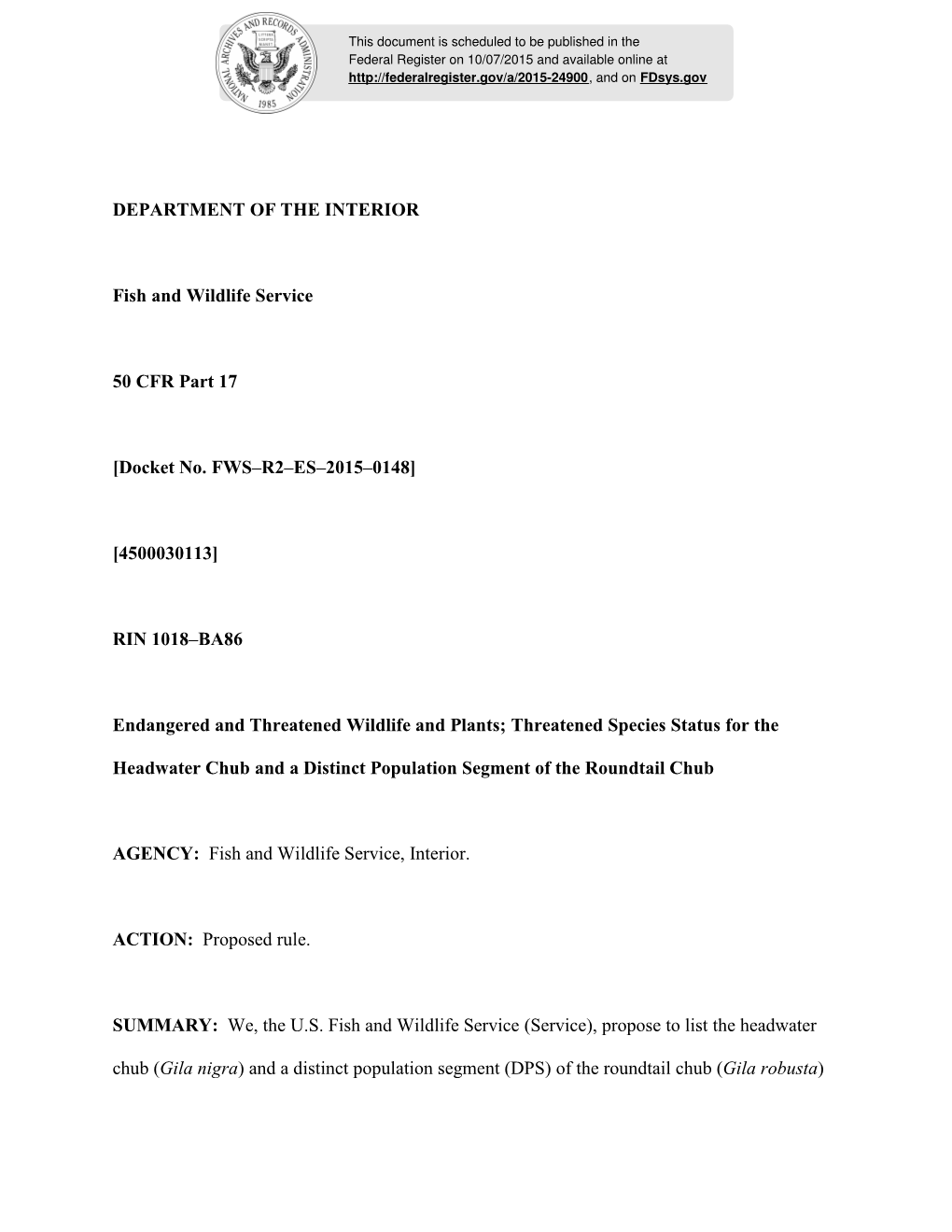 Proposed Listing for Roundtail and Headwater Chubs