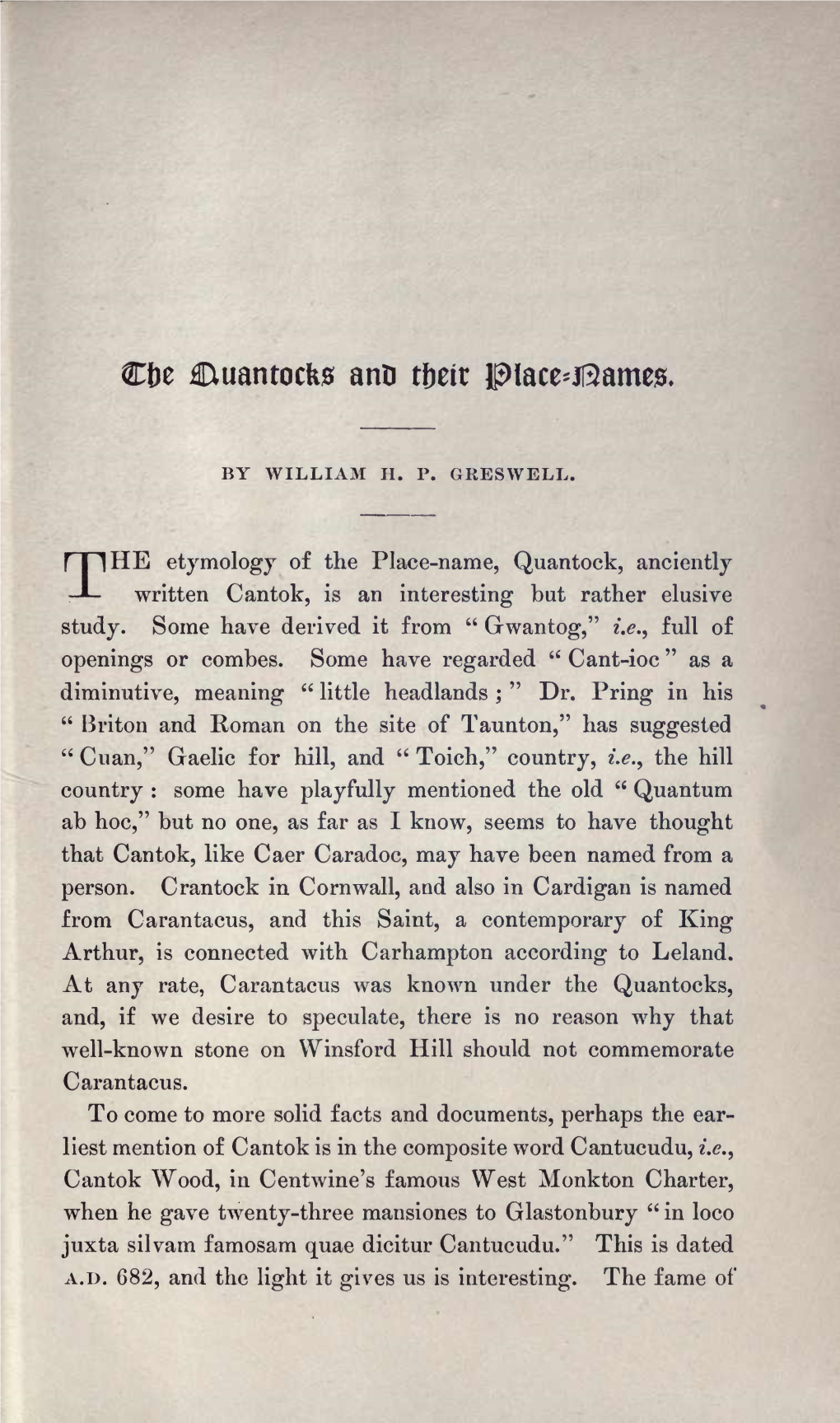 Greswell, W H P, the Quantocks and Their Place-Names, Part II, Volume 46