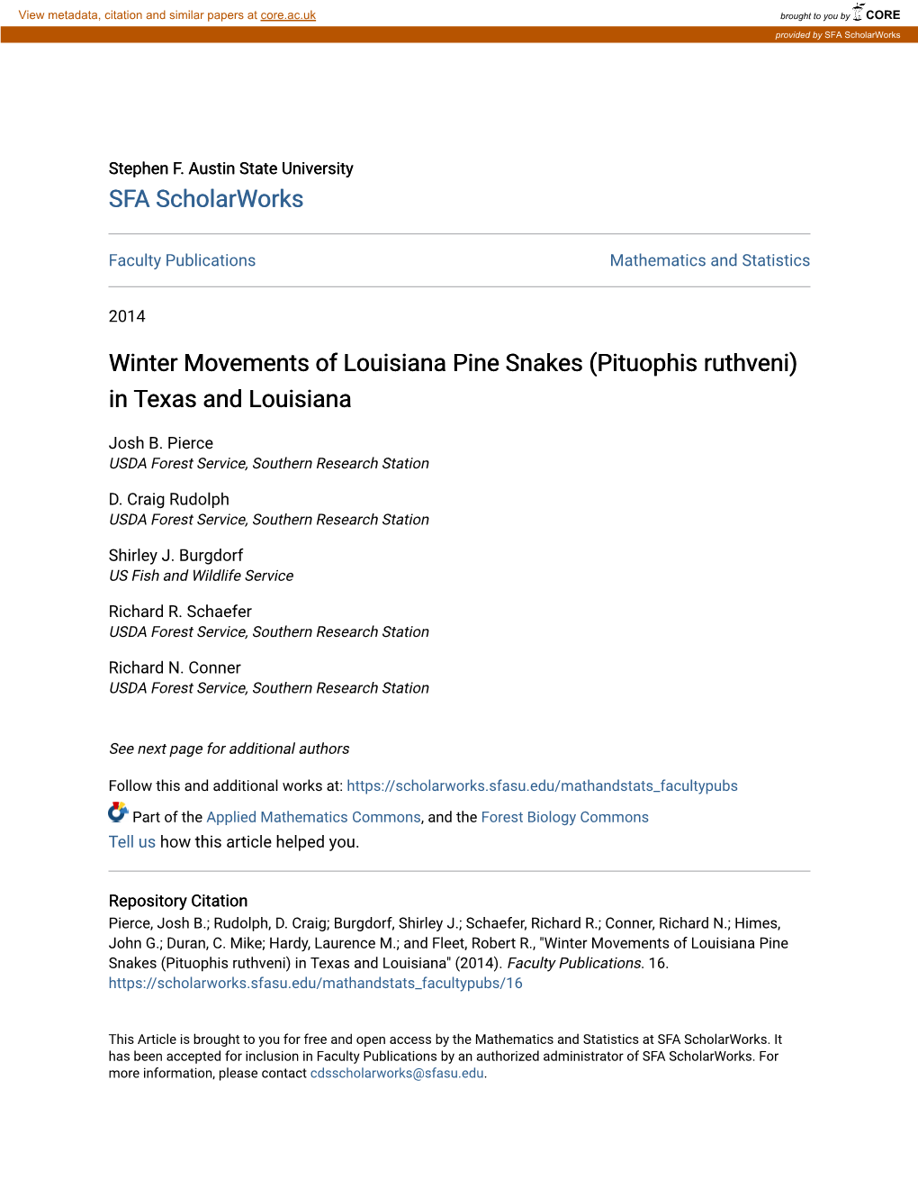 Winter Movements of Louisiana Pine Snakes (Pituophis Ruthveni) in Texas and Louisiana