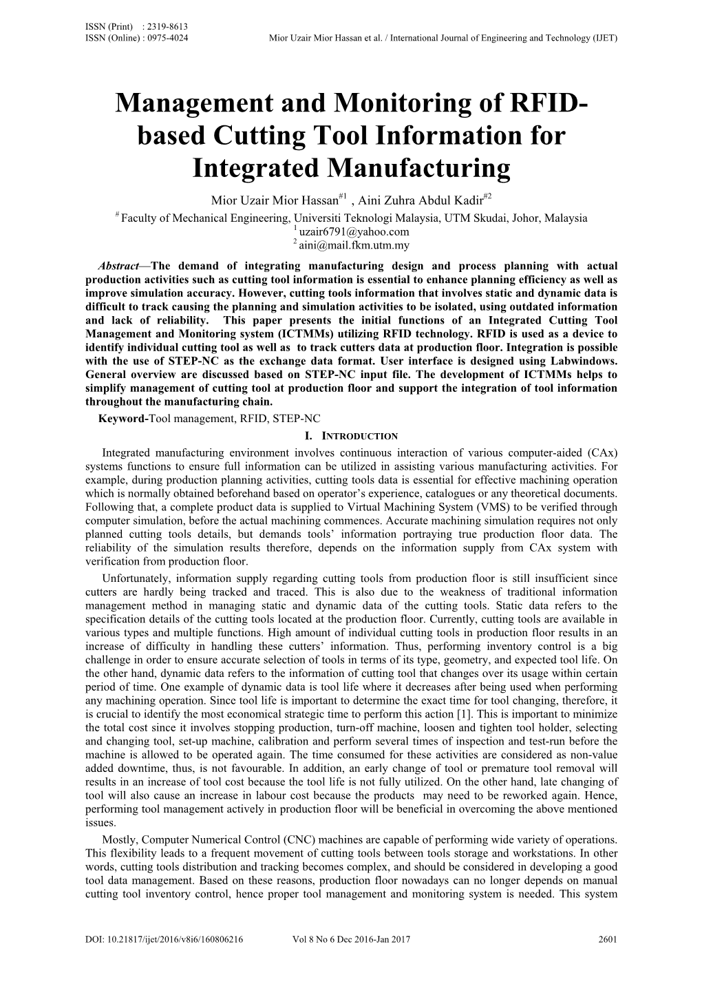 Management and Monitoring of Rfidbased Cutting Tool Information