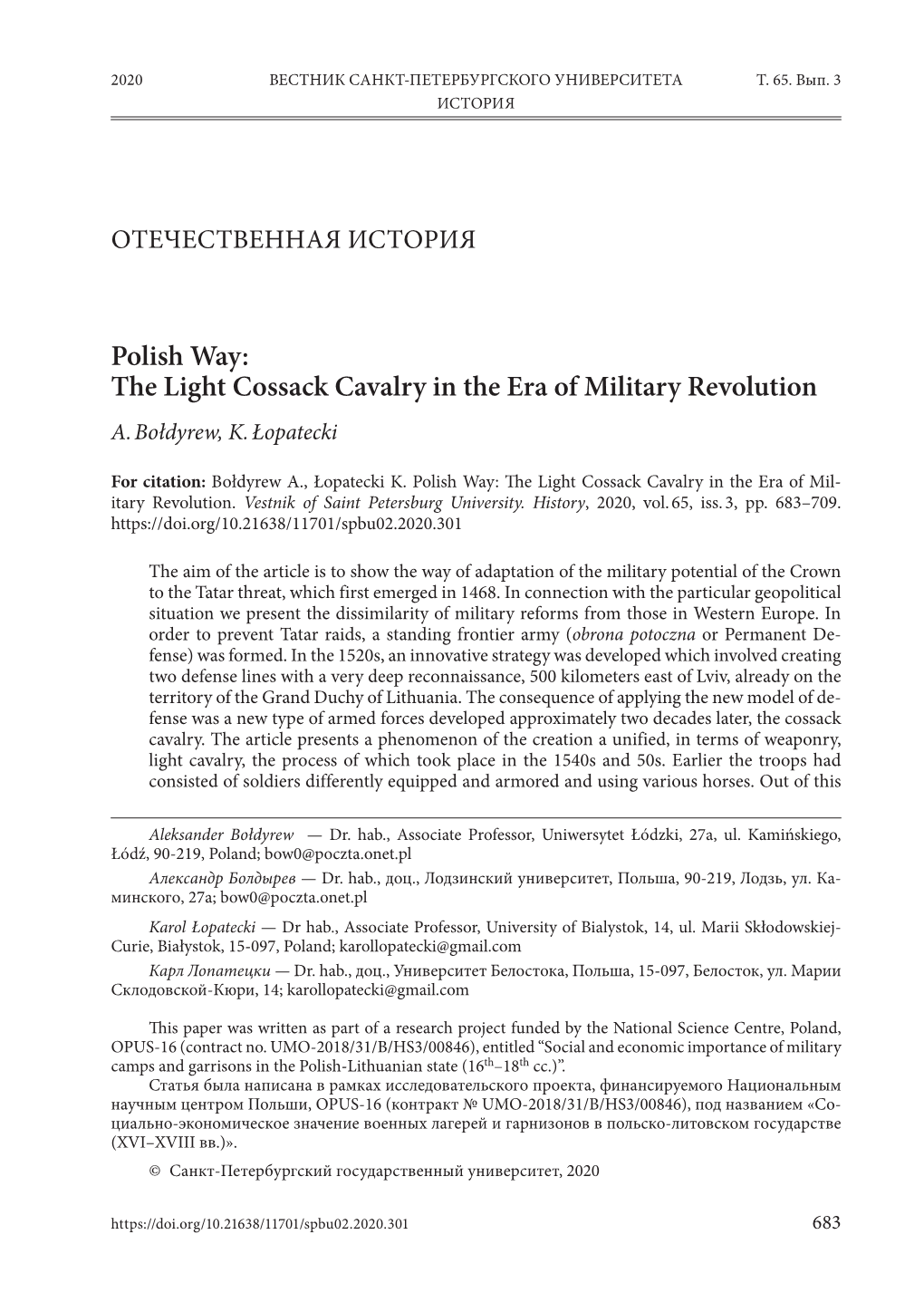 The Light Cossack Cavalry in the Era of Military Revolution A