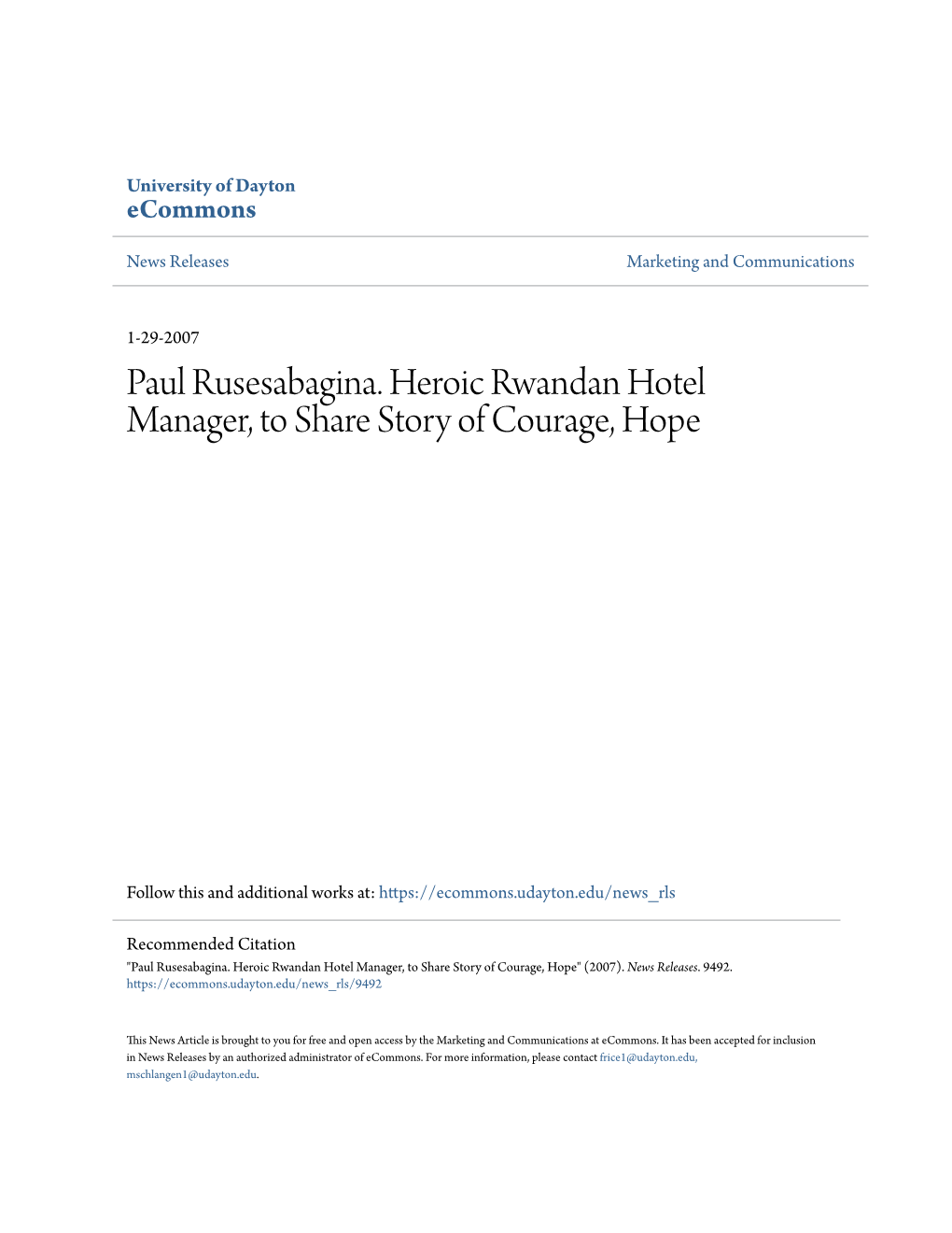 Paul Rusesabagina. Heroic Rwandan Hotel Manager, to Share Story of Courage, Hope