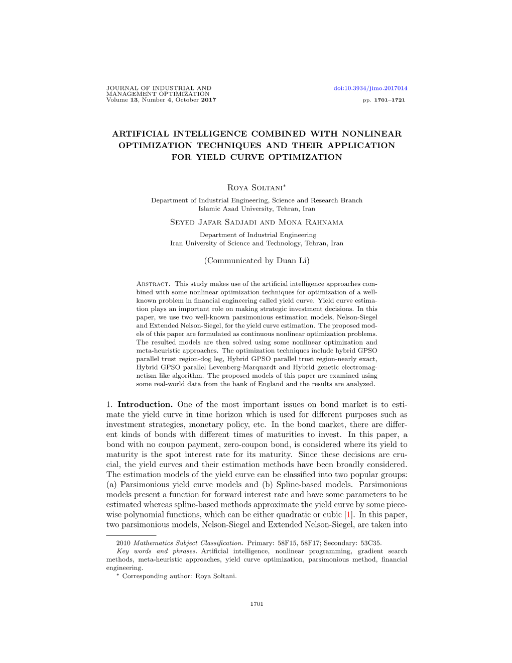 Artificial Intelligence Combined with Nonlinear Optimization Techniques and Their Application for Yield Curve Optimization