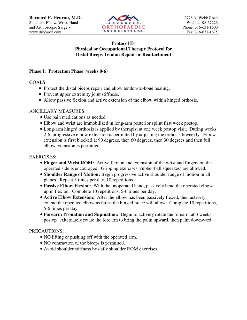 Bernard F. Hearon, M.D. Protocol E4 Physical Or Occupational Therapy