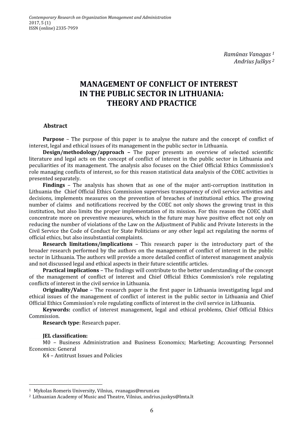 Management of Conflict of Interest in the Public Sector in Lithuania: Theory and Practice