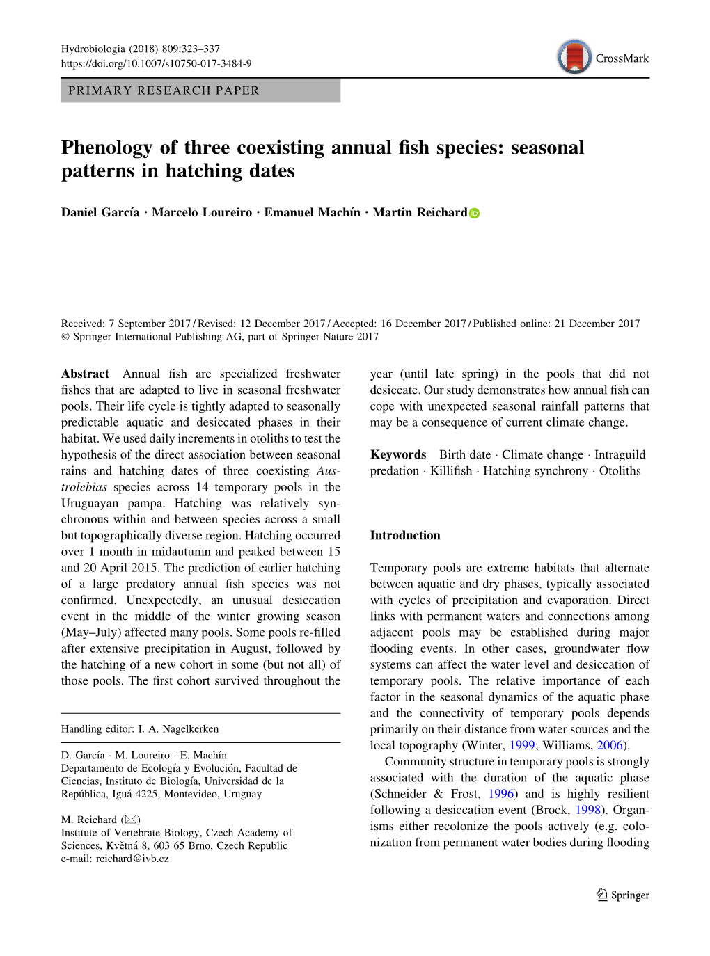 Phenology of Three Coexisting Annual Fish Species: Seasonal Patterns In