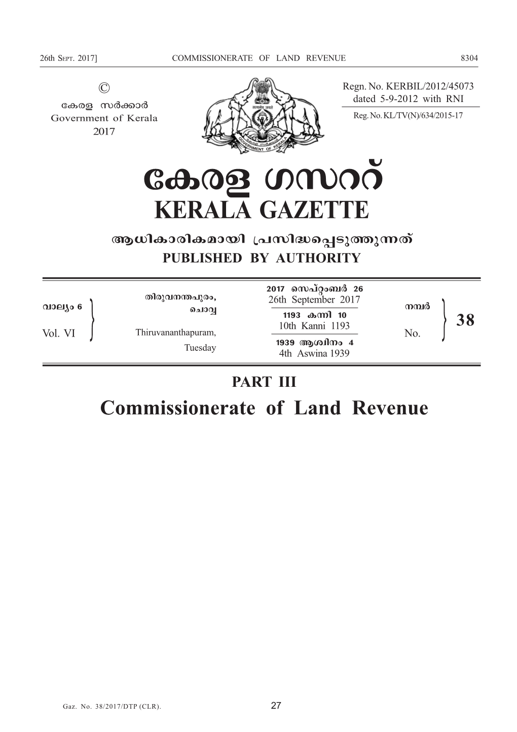 Ticf Kkddv KERALA GAZETTE B[Nimcniambn {]Kn≤S∏Spøp∂Xv PUBLISHED by AUTHORITY