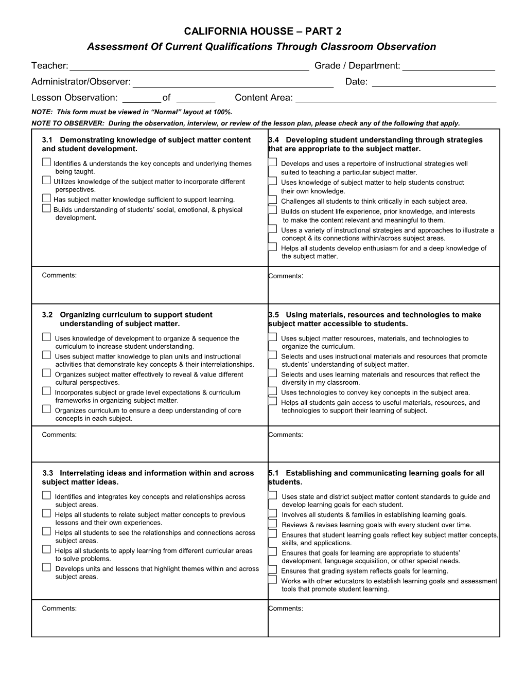 Assessment of Current Qualifications Through Classroom Observation