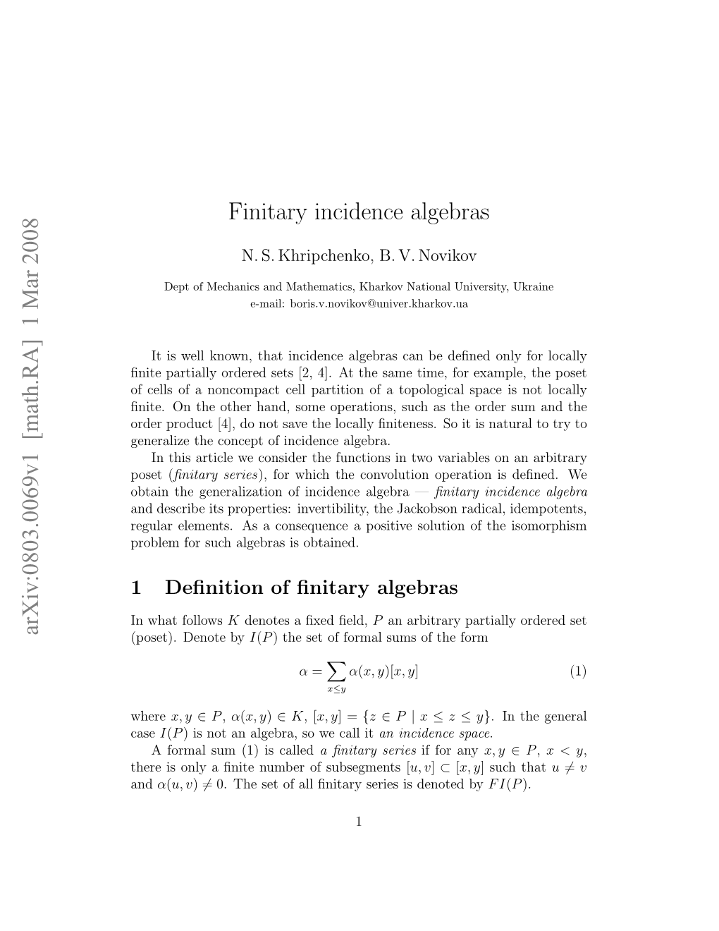 Finitary Incidence Algebras