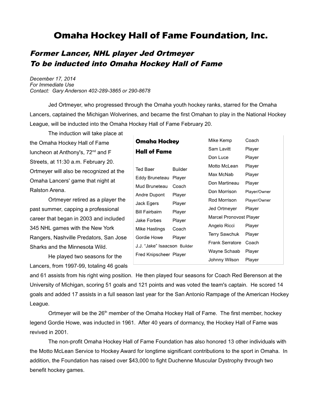 Omaha Hockey Hall of Fame Foundation, Inc