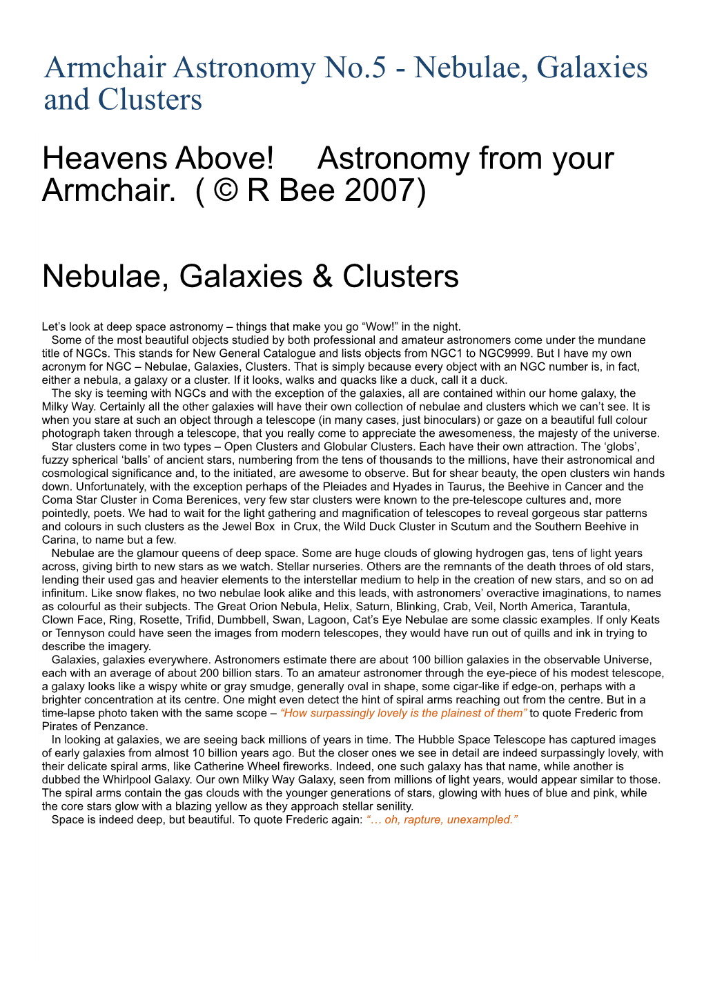 Armchair Astronomy No.5 - Nebulae, Galaxies and Clusters Heavens Above! Astronomy from Your Armchair