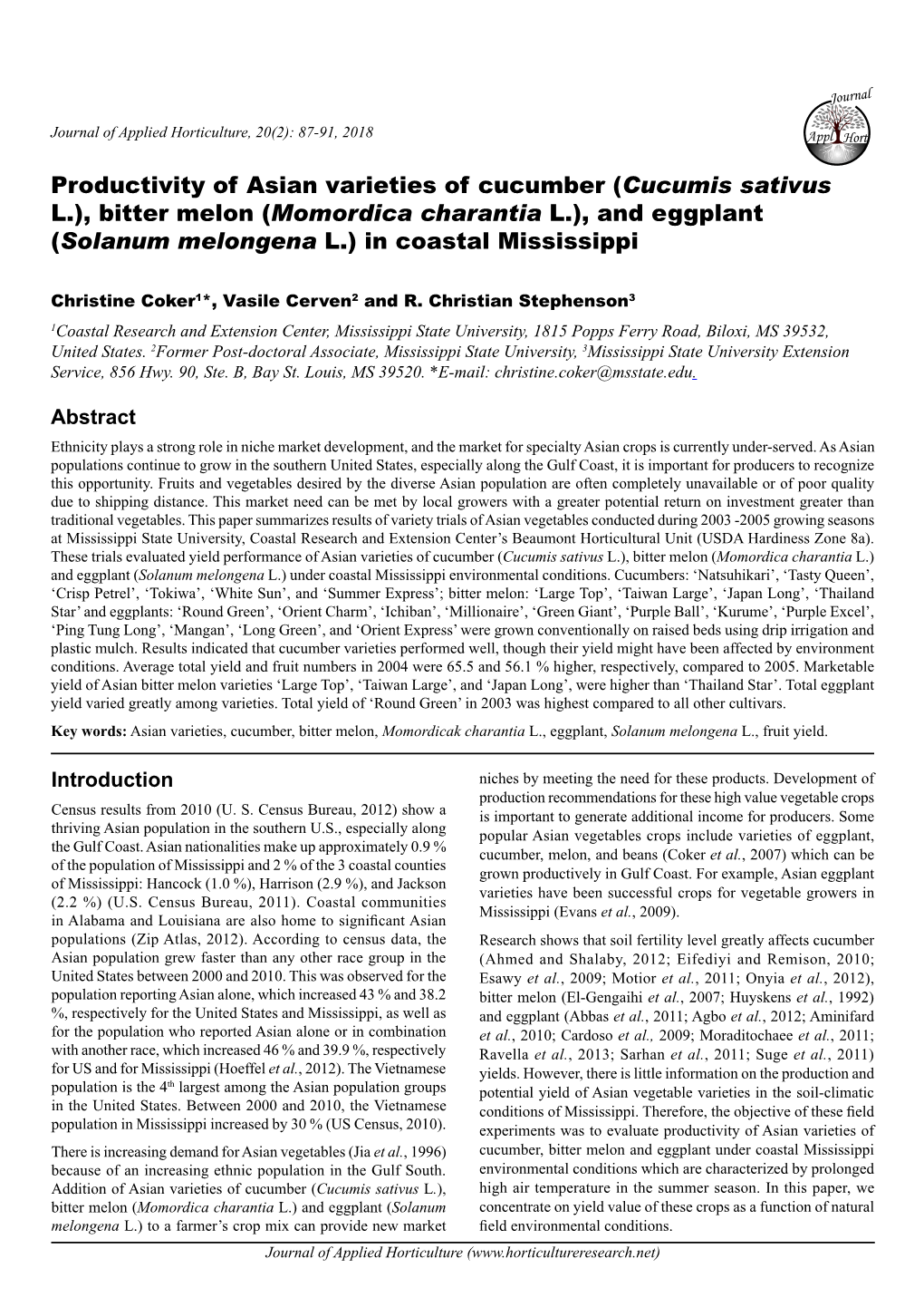 Productivity of Asian Varieties of Cucumber (Cucumis Sativus L.), Bitter Melon (Momordica Charantia L.), and Eggplant (Solanum Melongena L.) in Coastal Mississippi