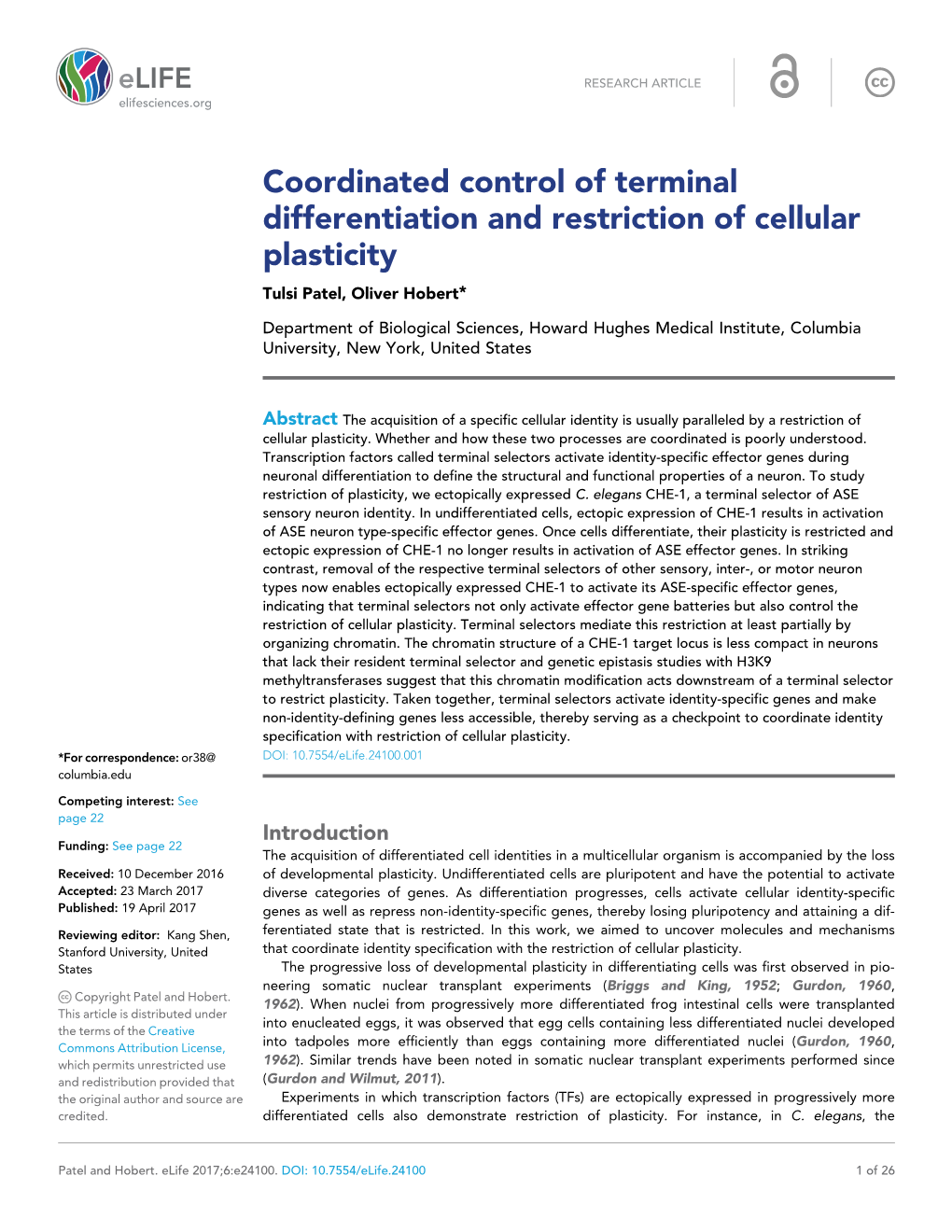 Coordinated Control of Terminal Differentiation and Restriction of Cellular Plasticity Tulsi Patel, Oliver Hobert*