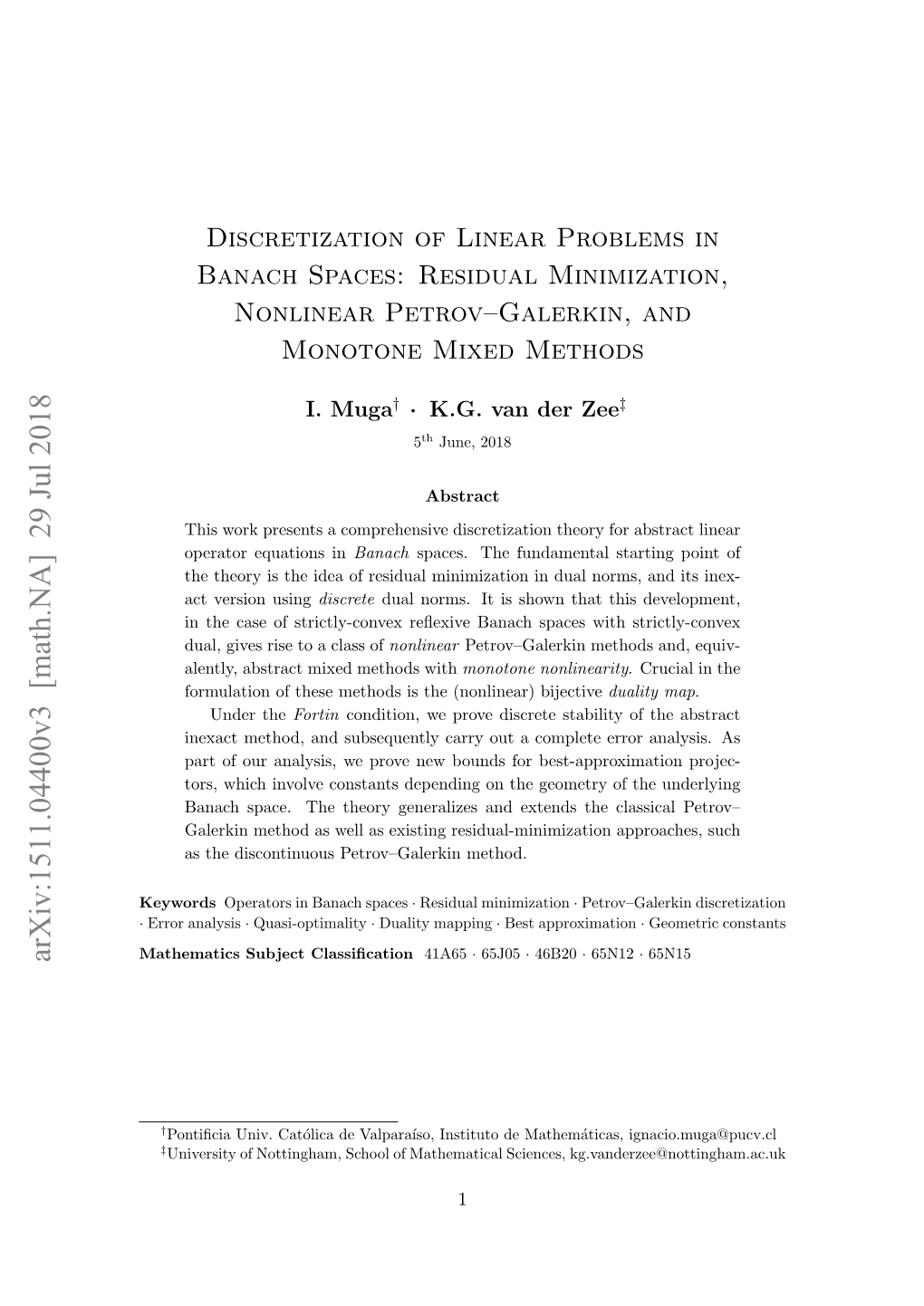 Discretization of Linear Problems in Banach Spaces: Residual Minimization, Nonlinear Petrov–Galerkin, and Monotone Mixed Methods