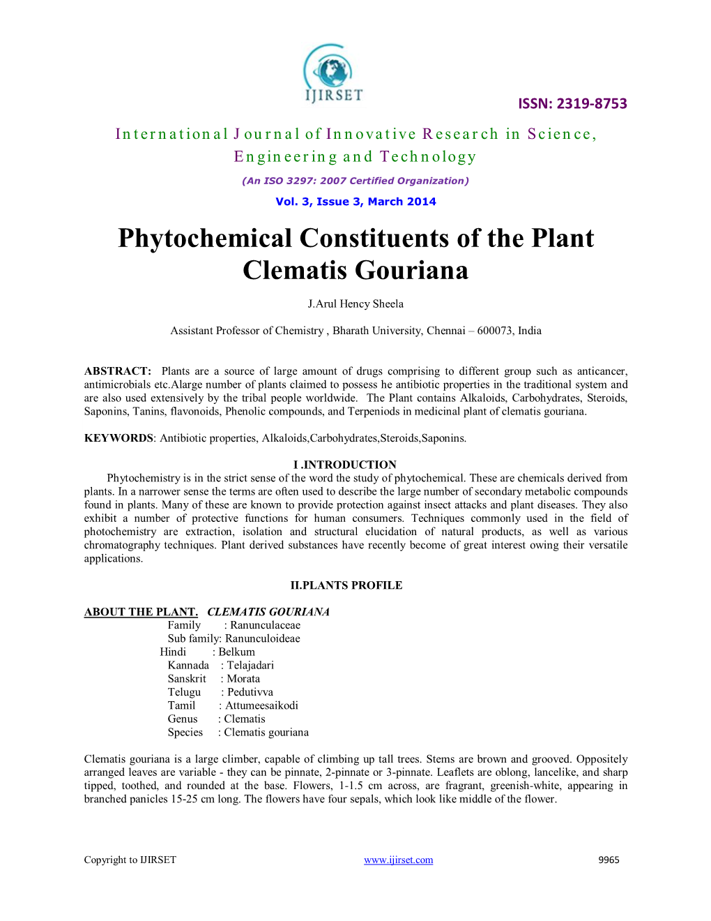 Phytochemical Constituents of the Plant Clematis Gouriana