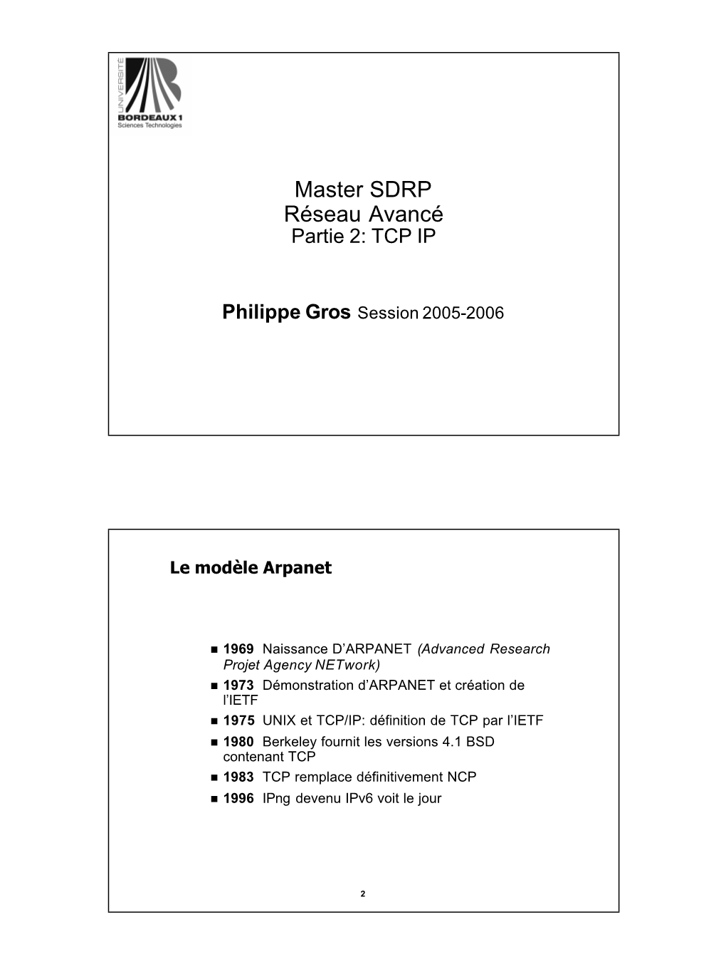 Master SDRP Réseau Avancé Partie 2: TCP IP