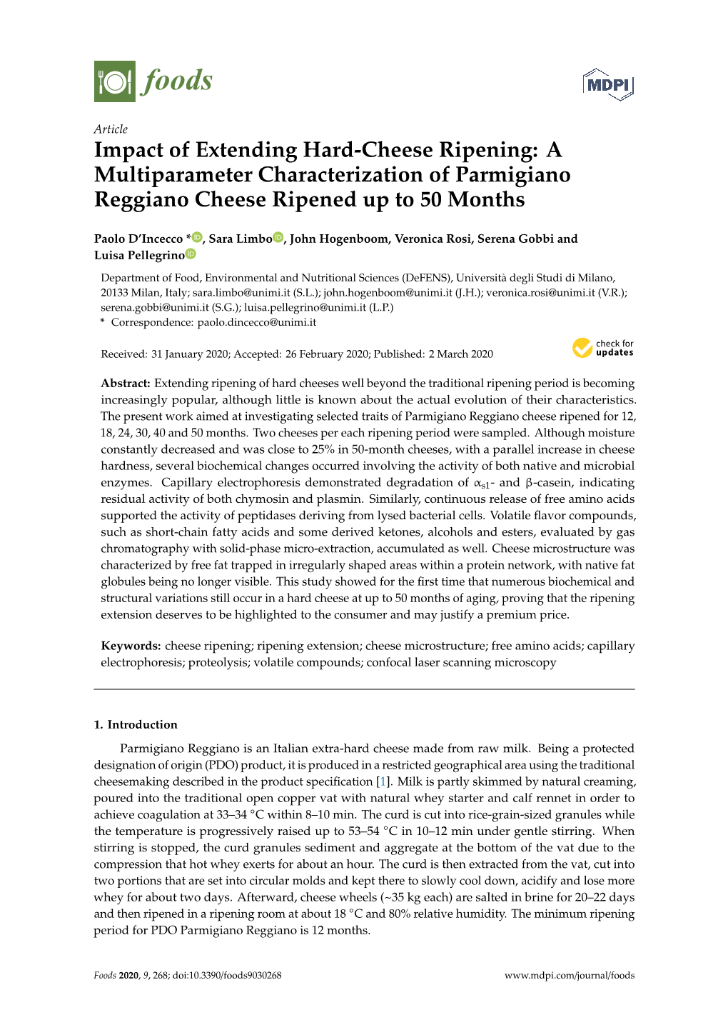 Impact of Extending Hard-Cheese Ripening: a Multiparameter Characterization of Parmigiano Reggiano Cheese Ripened up to 50 Months